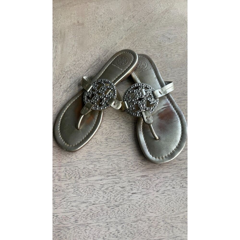 Tory Burch Gold Crystal Logo Thong Sandals Womens 6M Rhinestone Double T
